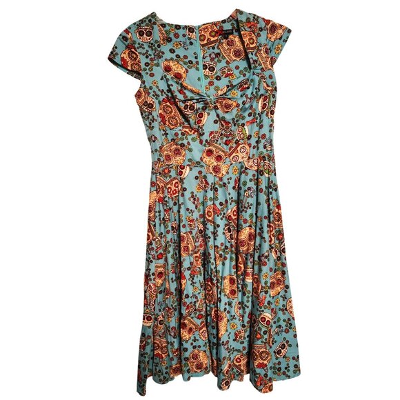Hell Bunny Sugar Skull Pinup Small Dress Goth Halloween Dia  de los Muertos Teal - Picture 1 of 6